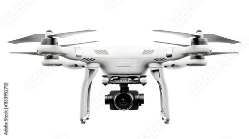 White quadcopter drone with camera isolated on white.