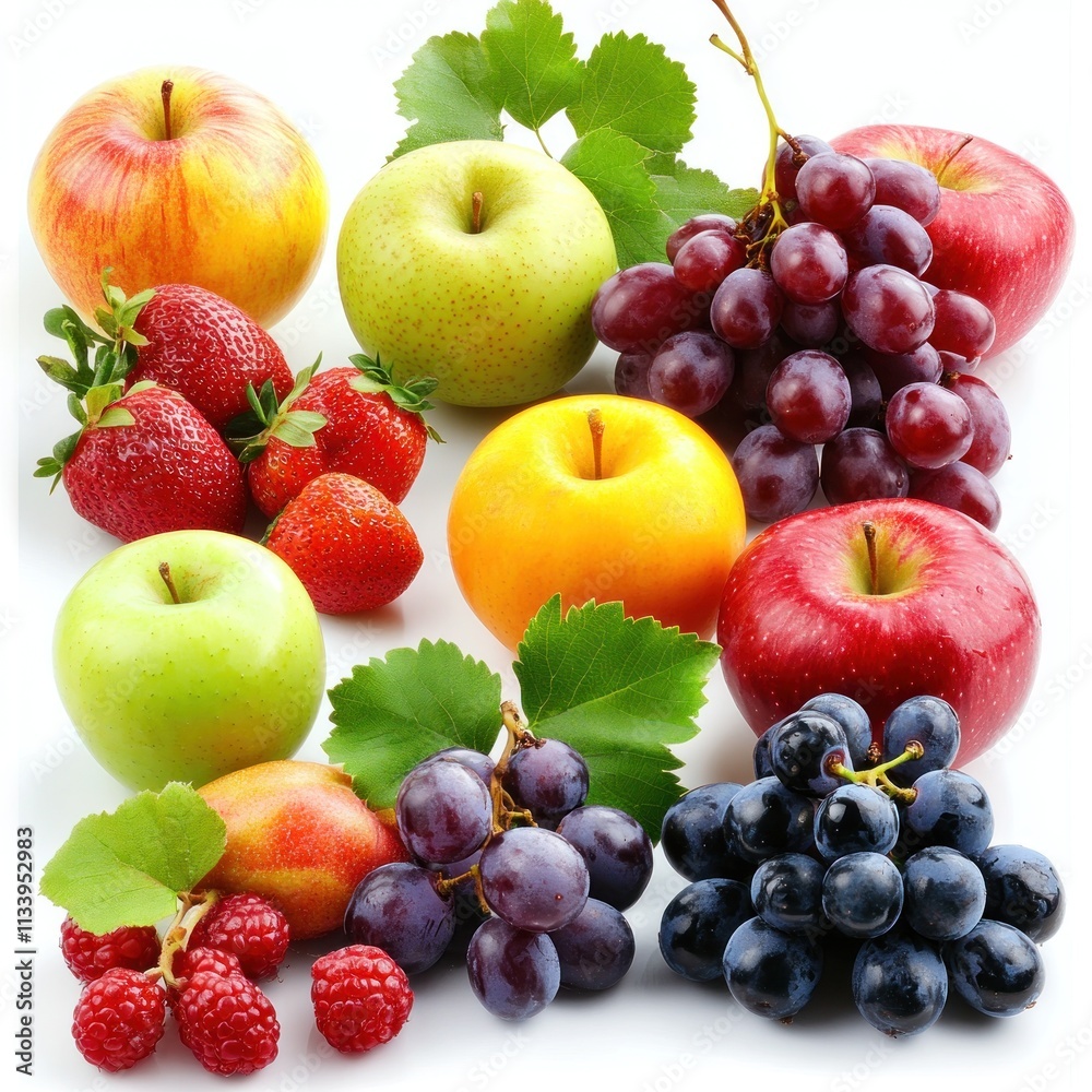 A colorful arrangement of various fruits including apples, grapes, strawberries, and raspberries. A colorful arrangement of various fruits including apples, grapes, strawberries, and raspberries.