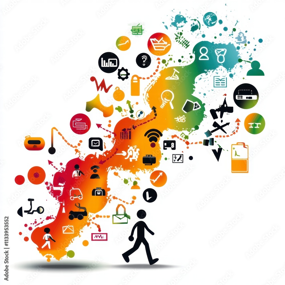 Obraz premium Man Walking Through a Stream of Colorful Icons Representing Modern Technology and Communication.