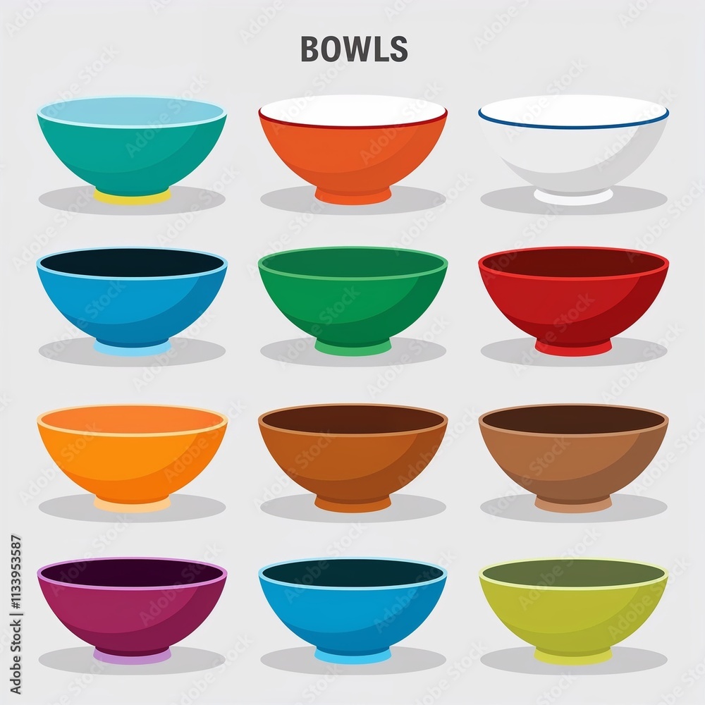 A set of bowls cartoon illustration on plain white background A set of bowls cartoon illustration on plain white background