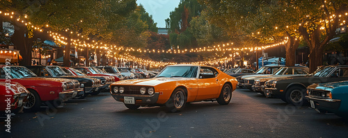 Wallpaper Mural A vibrant car show featuring classic vehicles illuminated by string lights in an urban setting. Torontodigital.ca