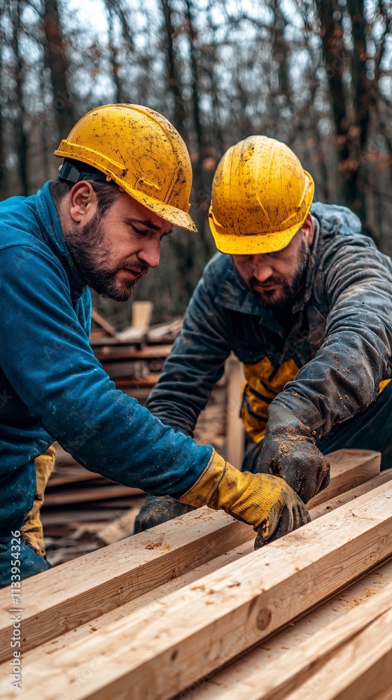 Construction workers collaborating on wood projects in forest environment close-up perspective on craftsmanship Construction workers collaborating on wood projects in forest environment close-up perspective on craftsmanship