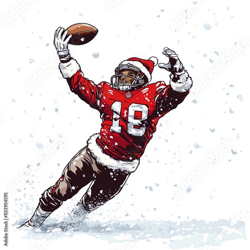 A football player in a Santa outfit catches a ball in a snowy winter scene.
