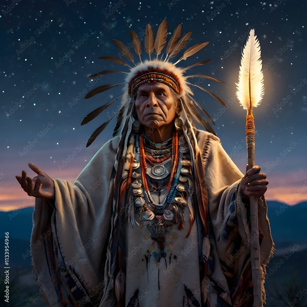 Obraz premium A mystical Indian shaman cloaked in ceremonial robes, with glowing tribal patterns on their skin, holding a staff of light, The eagle on their shoulder looks ,Generative Ai 