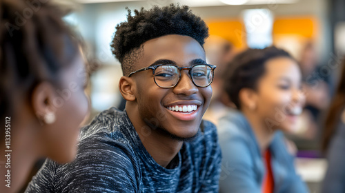 Smiling Young Man in Class, Happy Student in Education Setting, Positive Learning Atmosphere