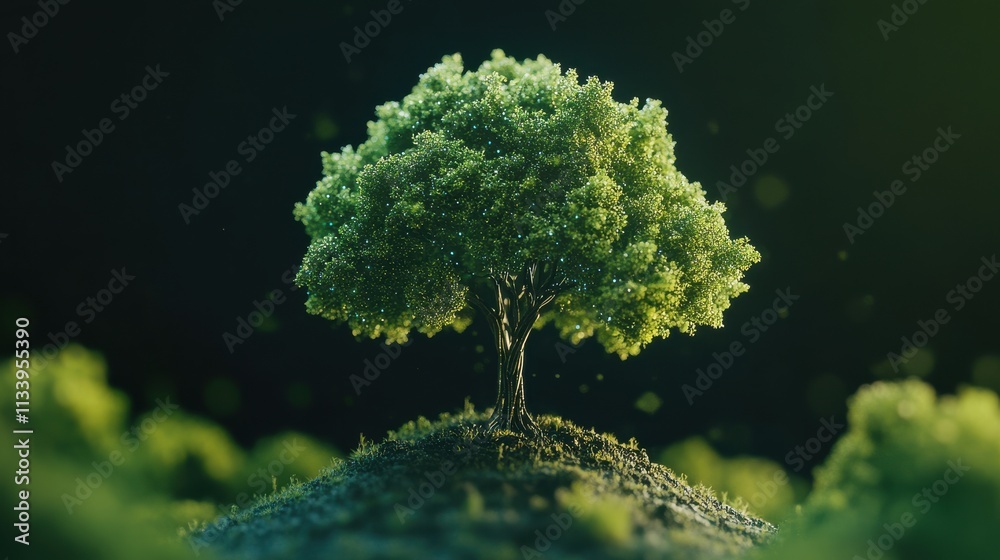 Vibrant Green Tree on a Hill with Natural Background Vibrant Green Tree on a Hill with Natural Background