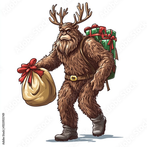 A whimsical creature carrying gifts, blending folklore with holiday spirit.