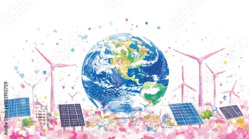 Colorful Illustration of Earth Surrounded by Renewable Energy Sources, Featuring Solar Panels and Wind Turbines Against a Vibrant Background of Flowers and Buildings photo