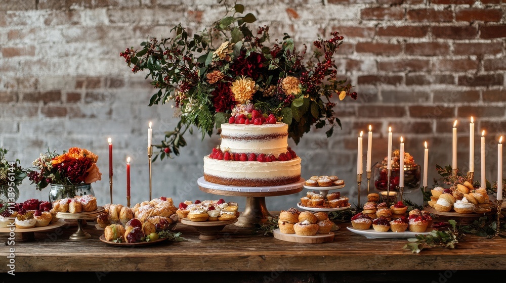 Elegant Dessert Table with Cake and Pastries Display Elegant Dessert Table with Cake and Pastries Display