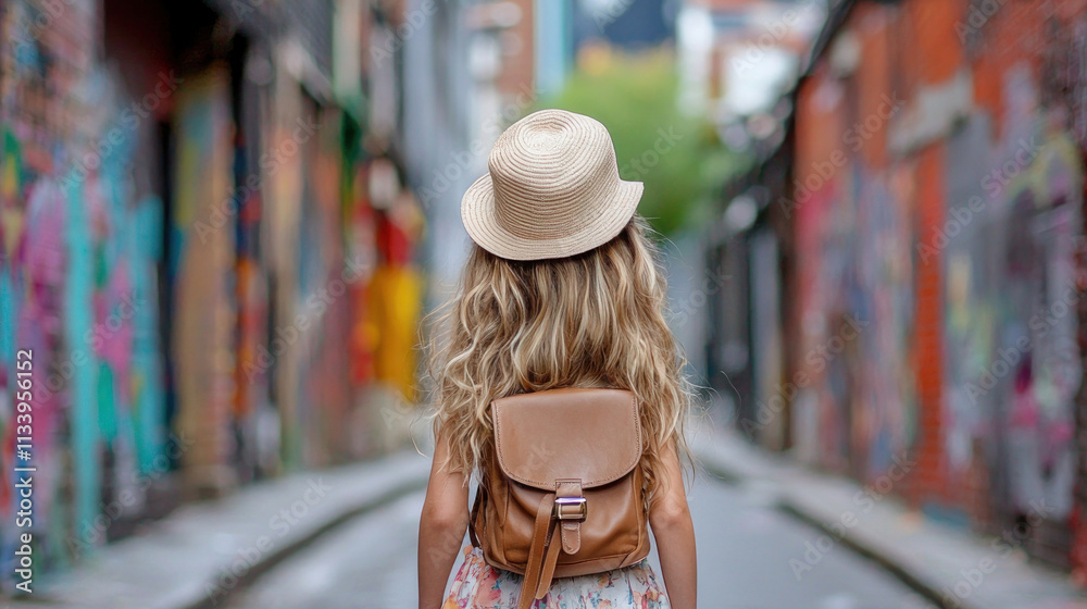 Obraz premium Young Girl with Backpack and Hat Strolling Through Colorful Urban Alleyway