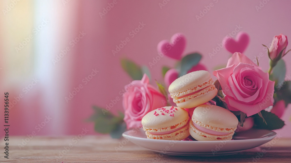 Sweet macarons and pink roses create the perfect Valentine's Day celebration Sweet macarons and pink roses create the perfect Valentine's Day celebration