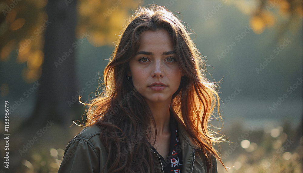 Portrait of a woman outdoors under soft golden sunlight with a blurred nature background Portrait of a woman outdoors under soft golden sunlight with a blurred nature background