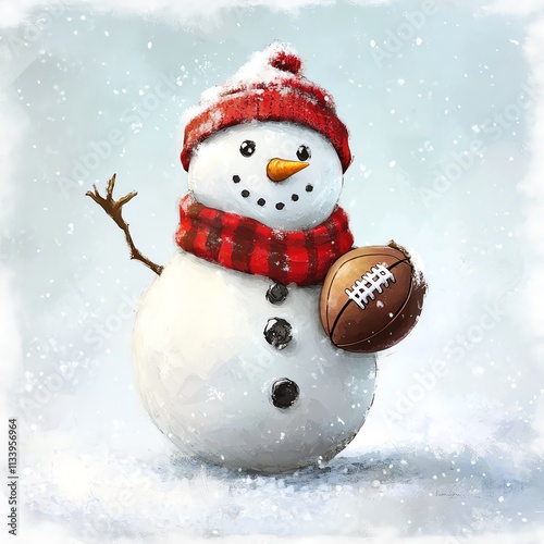 Charming snowman in a red scarf and hat, holding a football in a snowy landscape. photo