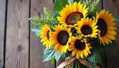 Sunflowers in a rustic wooden vase on a wooden table outdoors photo