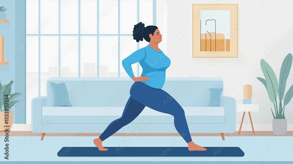 Fototapeta premium Illustration of an overweight woman practicing yoga at home, performing a lunge pose on a mat, surrounded by minimalist decor and pastel tones