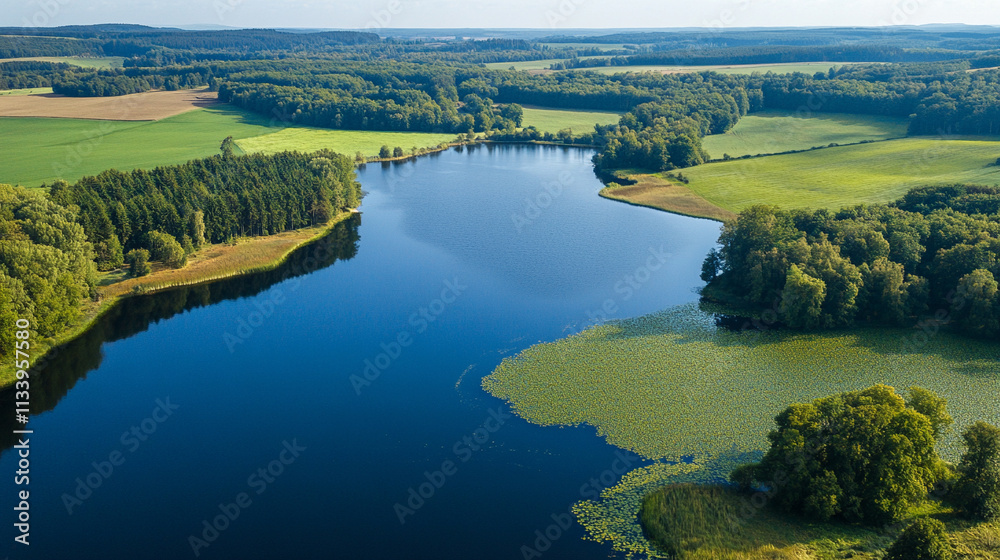 serene blue lake surrounded by lush green forests under sunlight, symbolizing tranquility, harmony with nature, and the contrast between calmness and chaos serene blue lake surrounded by lush green forests under sunlight, symbolizing tranquility, harmony with nature, and the contrast between calmness and chaos