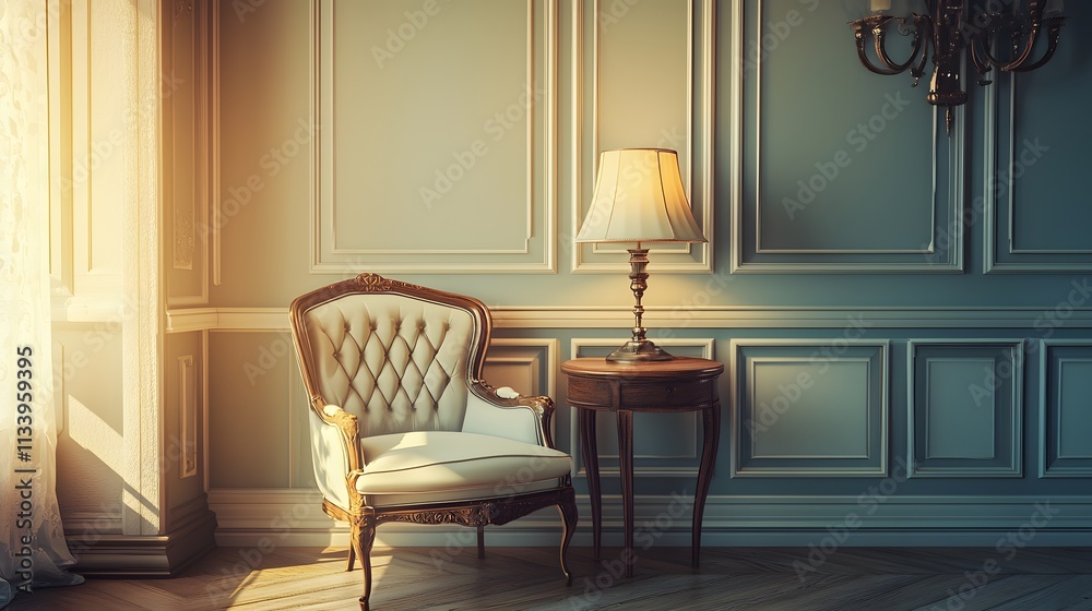 Elegant armchair and table in a sunlit room Elegant armchair and table in a sunlit room