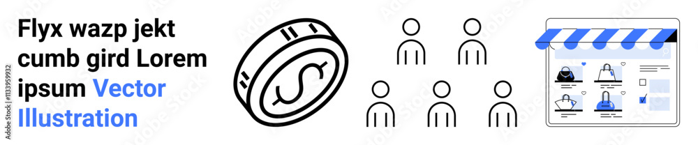 Coin with dollar sign, group of people icons, online storefront with shirt, bag, message icons. Ideal for finance, e-commerce, online shopping, digital marketing customer engagement retail store Coin with dollar sign, group of people icons, online storefront with shirt, bag, message icons. Ideal for finance, e-commerce, online shopping, digital marketing customer engagement retail store