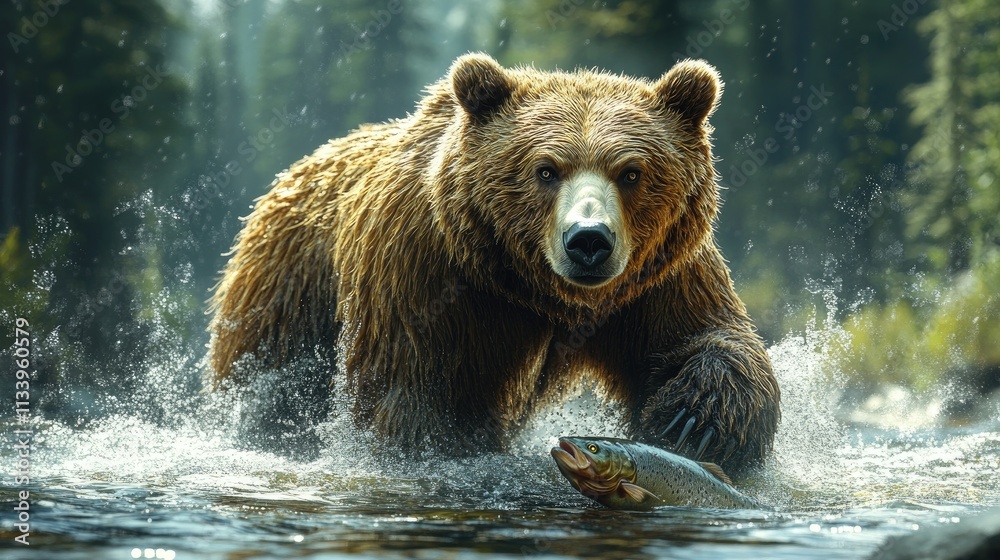 A grizzly bear holding a salmon in its mouth, with the river flowing in the background. A grizzly bear holding a salmon in its mouth, with the river flowing in the background.