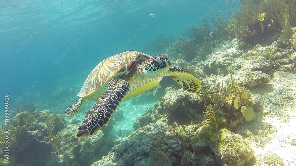 Fototapeta premium Graceful Sea Turtle Swimming Underwater in Coral Reef
