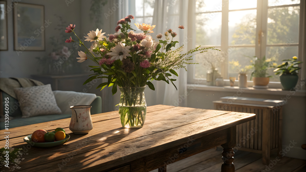 Soft morning light on a wooden table with fresh flowers. still life beautuiful ambiance
