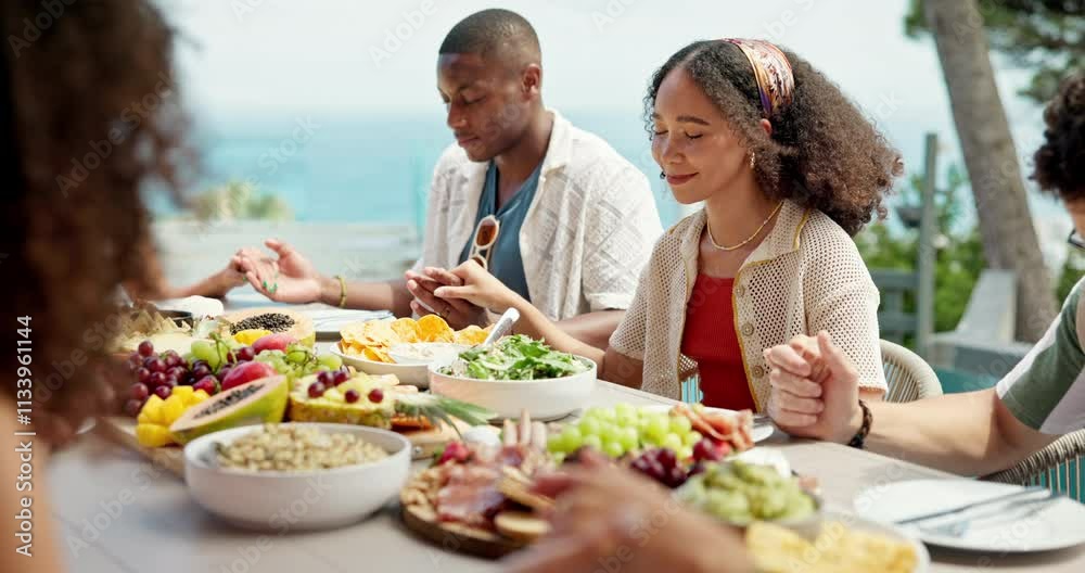 Friends, food and holding hands with praying together outdoor for thanksgiving gratitude and thankful for dinner. Diversity group, people and worship God at holiday event for grace, bonding and faith Friends, food and holding hands with praying together outdoor for thanksgiving gratitude and thankful for dinner. Diversity group, people and worship God at holiday event for grace, bonding and faith