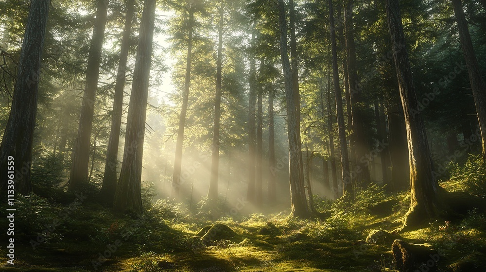 Obraz premium Sunbeams illuminate a path through a misty forest, dappling the bluebells with light.