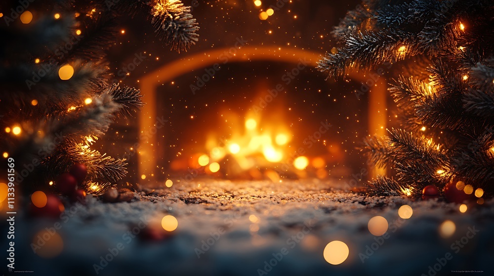 Festive Fireplace Scene with Christmas Tree Branches and Lights Festive Fireplace Scene with Christmas Tree Branches and Lights