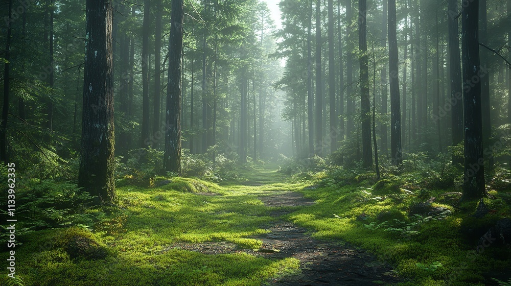 Sunbeams illuminate a path through a misty forest, dappling the bluebells with light. Sunbeams illuminate a path through a misty forest, dappling the bluebells with light.
