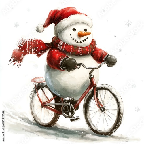 A cheerful snowman rides a bicycle, dressed in festive winter attire.