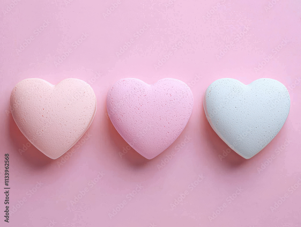 Soft heart shaped sponges in pastel colors on pink background Soft heart shaped sponges in pastel colors on pink background
