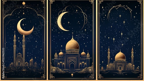 Ramadan Kareem Celebrate Cards Set. Ramadan Islamic Holiday

 photo