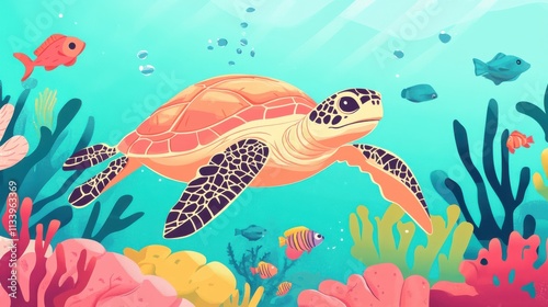 Colorful Sea Turtle Swimming in Coral Reef