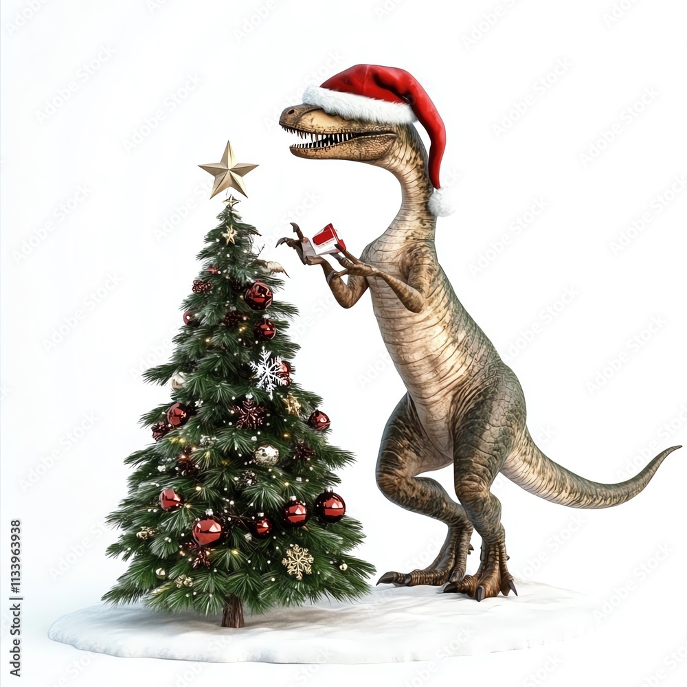 A dinosaur wearing a Santa hat joyfully decorating a Christmas tree. A dinosaur wearing a Santa hat joyfully decorating a Christmas tree.