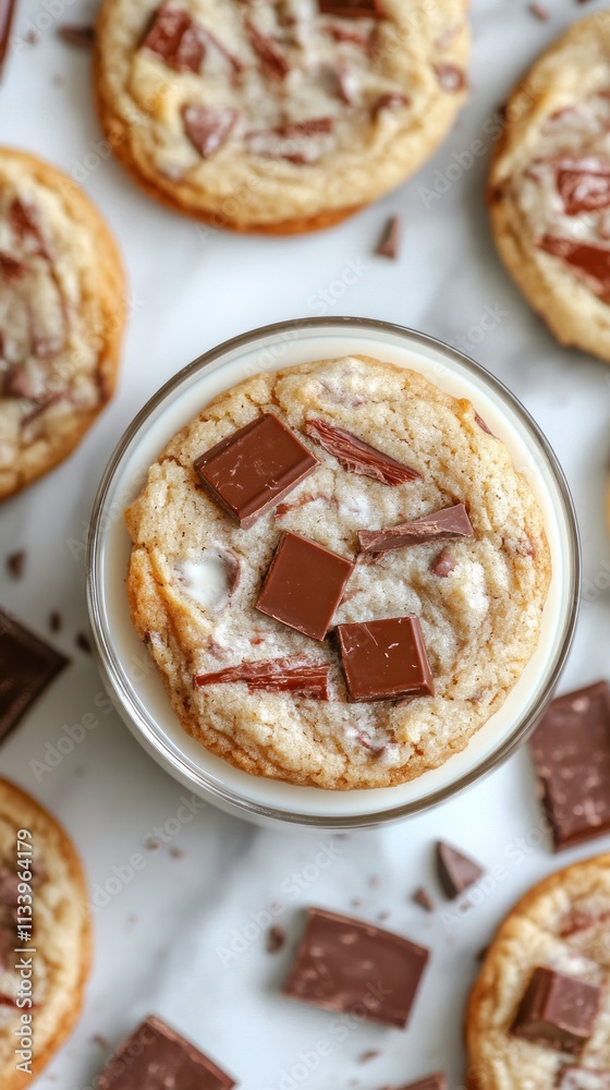 A close-up of a cookie topped with chocolate chunks, surrounded by more cookies on a marble surface. A close-up of a cookie topped with chocolate chunks, surrounded by more cookies on a marble surface.