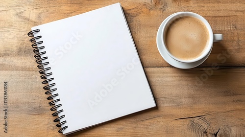 A blank notebook on a wooden desk with a cup of coffee beside it, sparking creativity and inspiration.