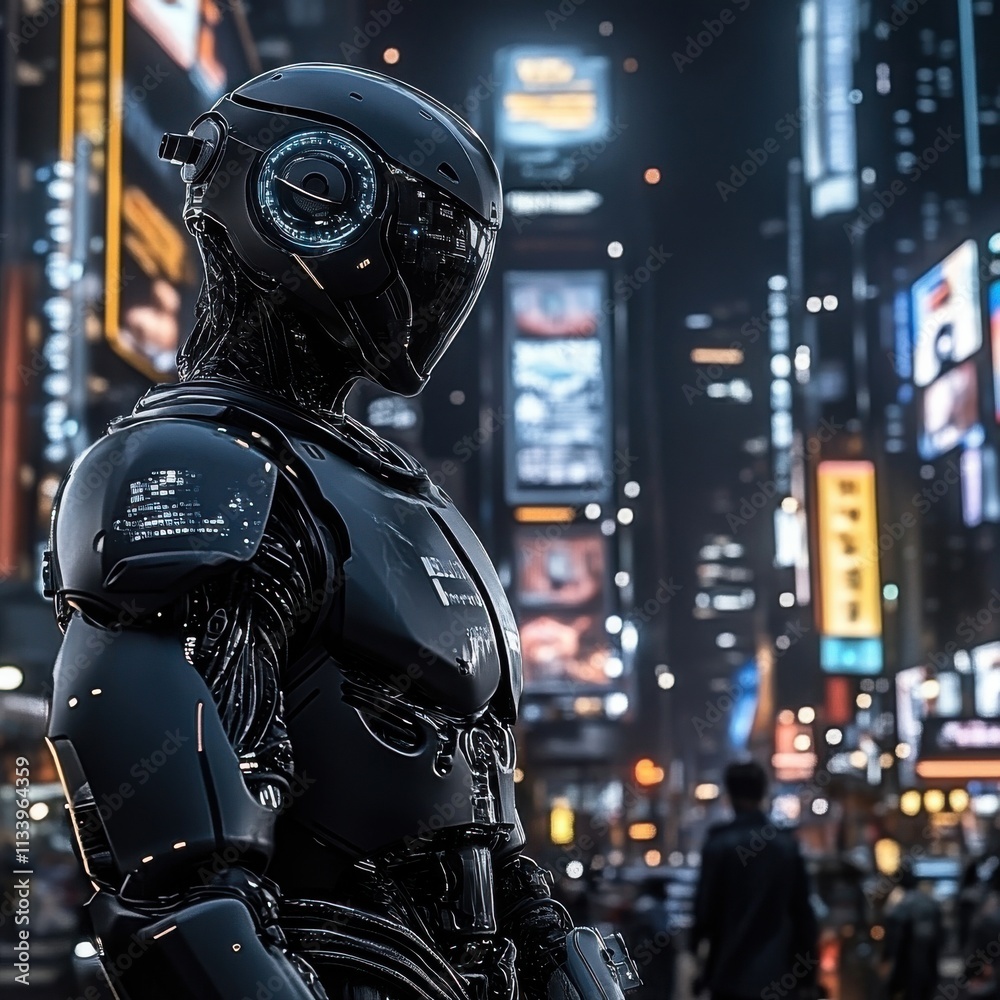 Futuristic robot standing in a vibrant neon-lit city street at night, showcasing advanced technology amidst glowing billboards and bustling urban life. Futuristic robot standing in a vibrant neon-lit city street at night, showcasing advanced technology amidst glowing billboards and bustling urban life.