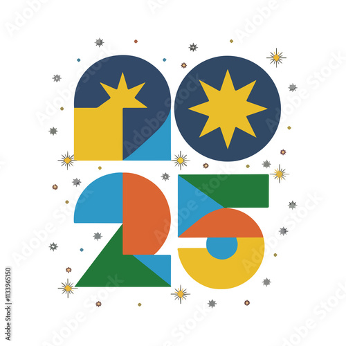Simple 2D New Year 2025 Illustrations on White Background with Fireworks, Balloons, Party Hats, Confetti, Countdown Clocks, Streamers, and Festive Elements