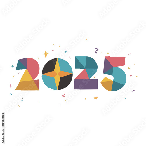 Simple 2D New Year 2025 Illustrations on White Background with Fireworks, Balloons, Party Hats, Confetti, Countdown Clocks, Streamers, and Festive Elements