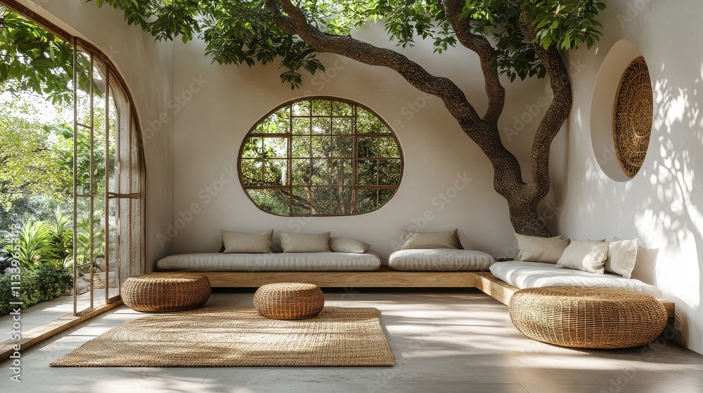 Obraz premium A serene interior with natural elements, featuring a large tree, cozy seating, and a warm, inviting atmosphere.