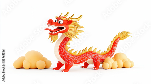 Chinese lucky animal 3d concept. A vibrant, cartoon-style dragon with a fierce expression and playful surroundings.