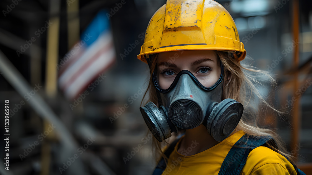A woman adorned in a vibrant yellow helmet and protective gas mask stands confidently in a hazardous work environment. Her sturdy attire hints at the dangerous nature of her surroundings. 