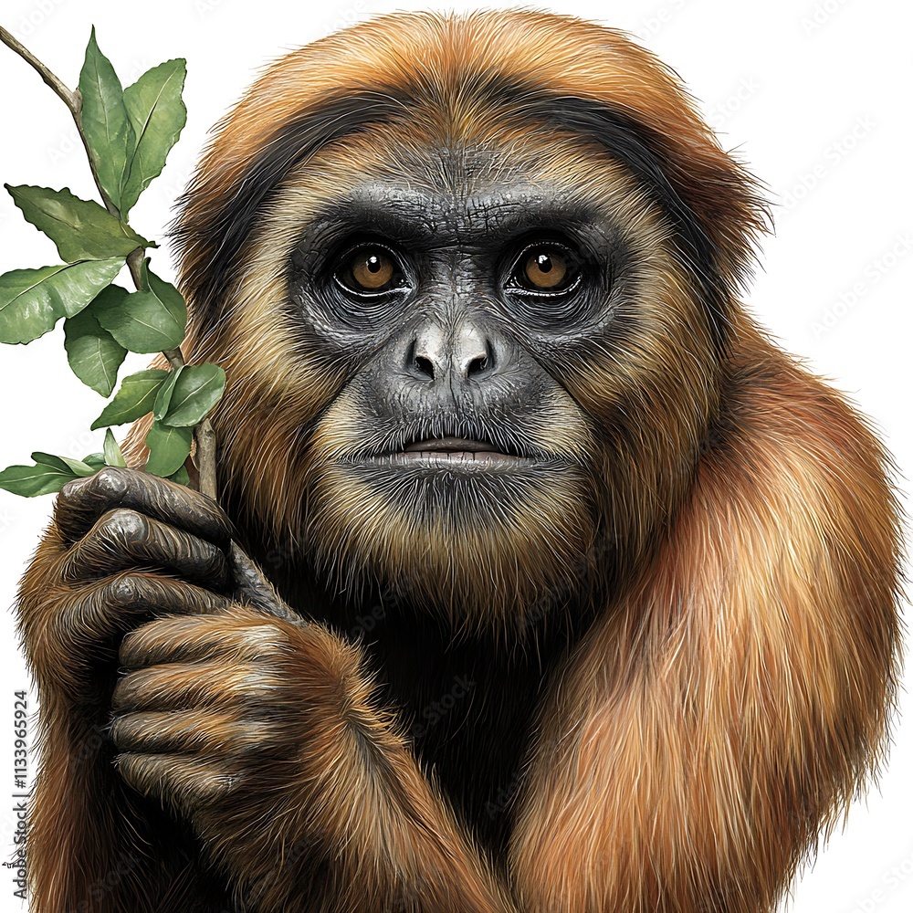 Naklejka premium Photorealistic White Monkey Holding Green Leaf in Clean Style