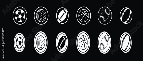 Sports icons minimalist design black and white oval frames soccer ball, volleyball  stylized sports balls