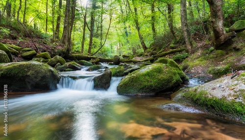 Gentle Stream Flowing Through Mossy Rocks in a Peaceful Forest Glade