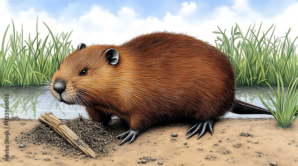 Realistic Beaver Illustration by Water with Lush Grass Background Realistic Beaver Illustration by Water with Lush Grass Background