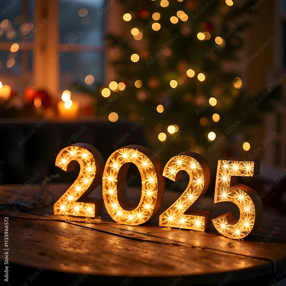 Obraz premium New Year 2025 and Christmas light decorations