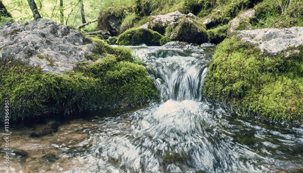 Gentle Stream Flowing Through Mossy Rocks in a Peaceful Forest Glade