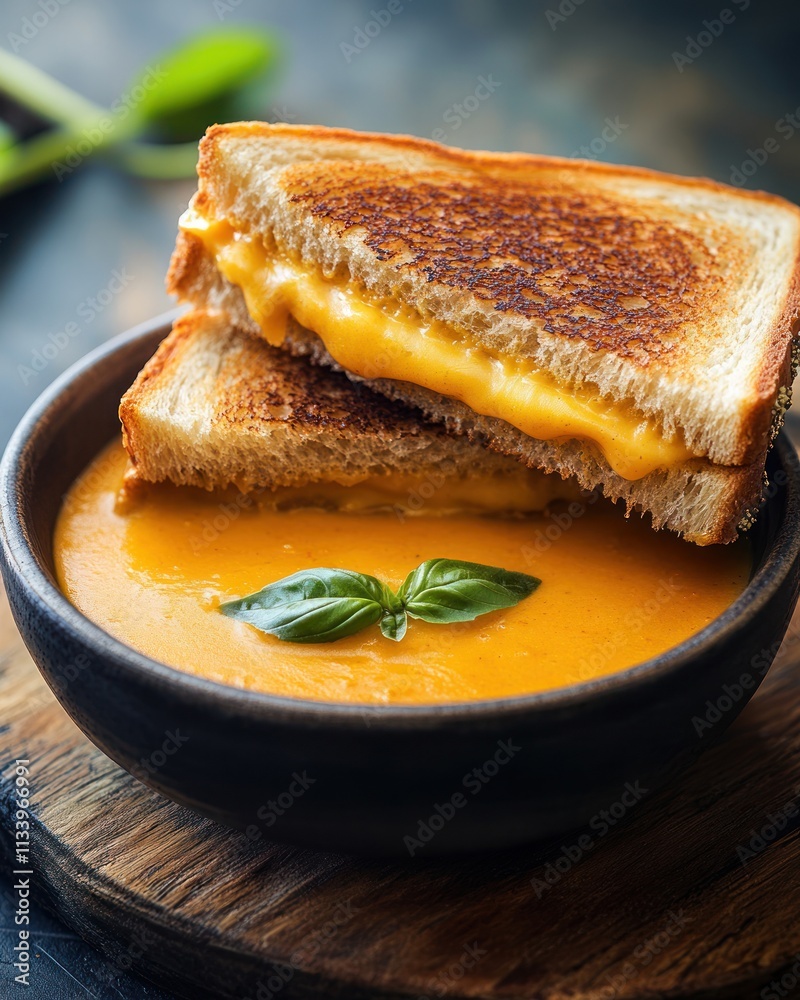 A warm bowl of soup paired with grilled cheese sandwiches, showcasing comfort food. A warm bowl of soup paired with grilled cheese sandwiches, showcasing comfort food.