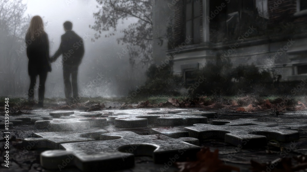 Fototapeta premium Mysterious Couple Holding Hands in Foggy Environment with Puzzle Pieces on Ground Near Abandoned House and Lush Overgrown Landscape